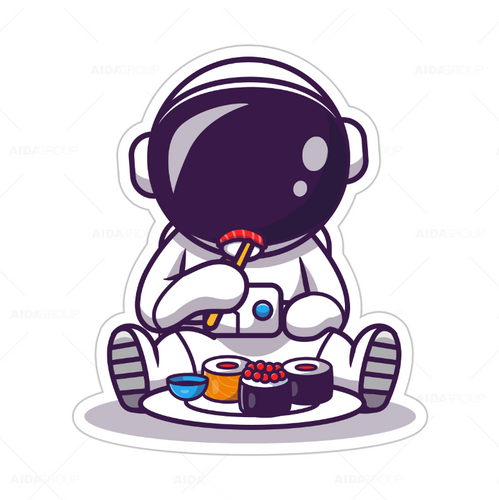 Calcomanía Sticker Lavable Astronauta Comiendo Sushi